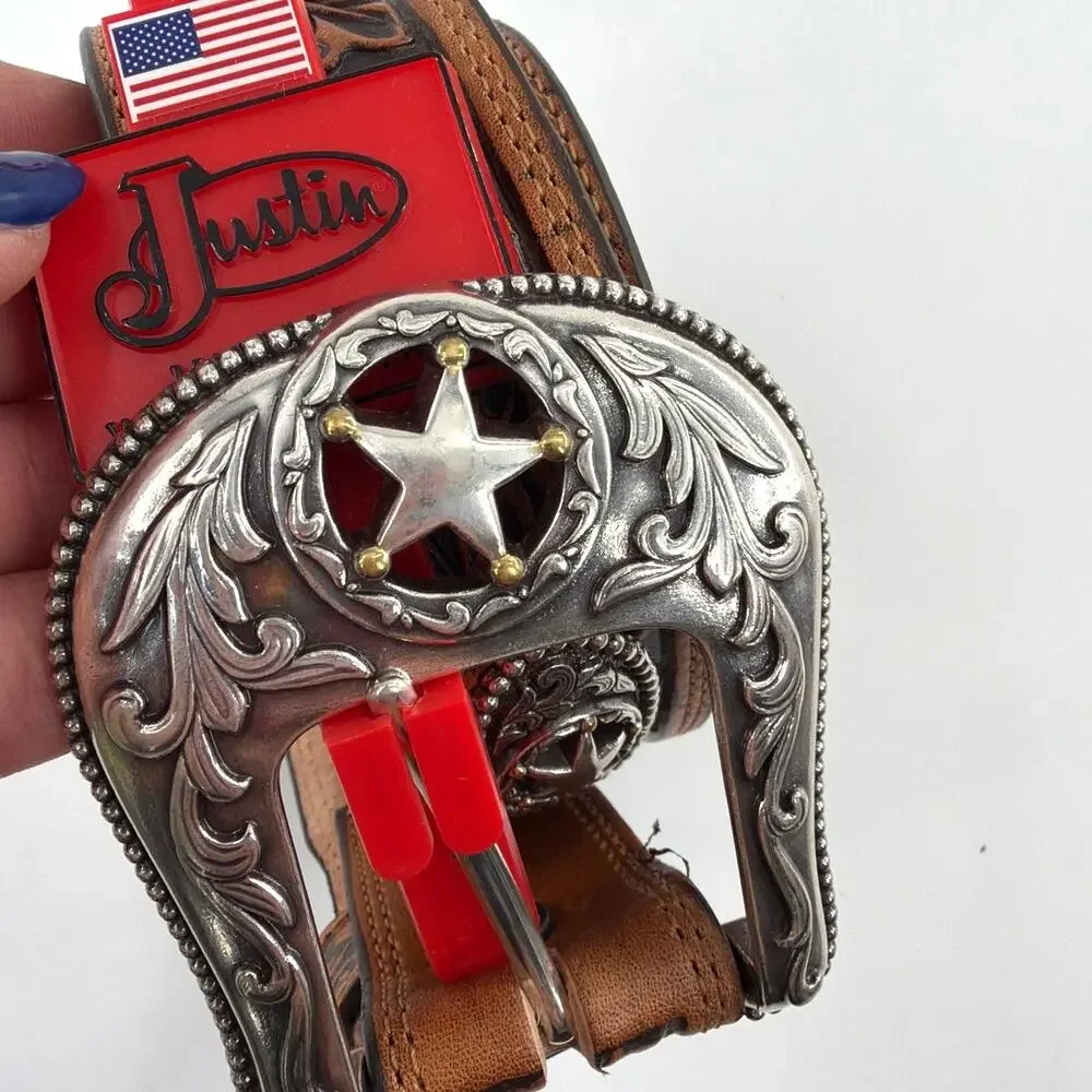 Justin Men's Tan Floral 5 Star Ranch Tooled Western Belt Size 32